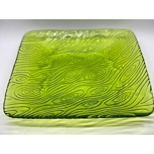 Green Art Glass Square Serving Dish Swirls and Lines designs 9”x 9”